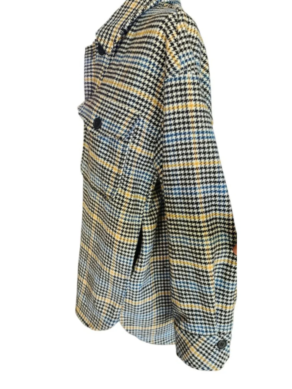 Melloday Women's M Houndstooth Shacket Jacket Blue Black Yellow Plaid Button Up